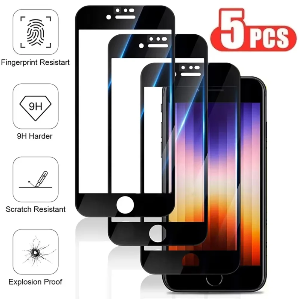 NNBILI 5PCS Tempered Glass For iPhone SE 2022 SE 2020 Full Cover Screen Protector for iPhone 7 8 Plus 9H HD Protective Glass
