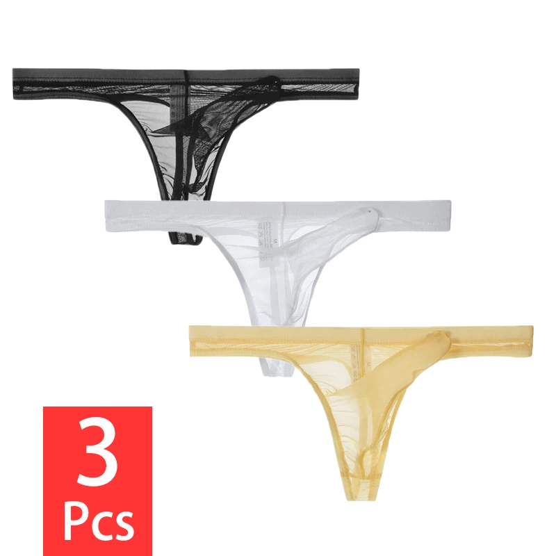 3Pcs/lot Men Underwear T-Back Thong G-String Sexy Breathable Tanga Mesh See Through Underpants Elephant Nose Pouch Male Panties