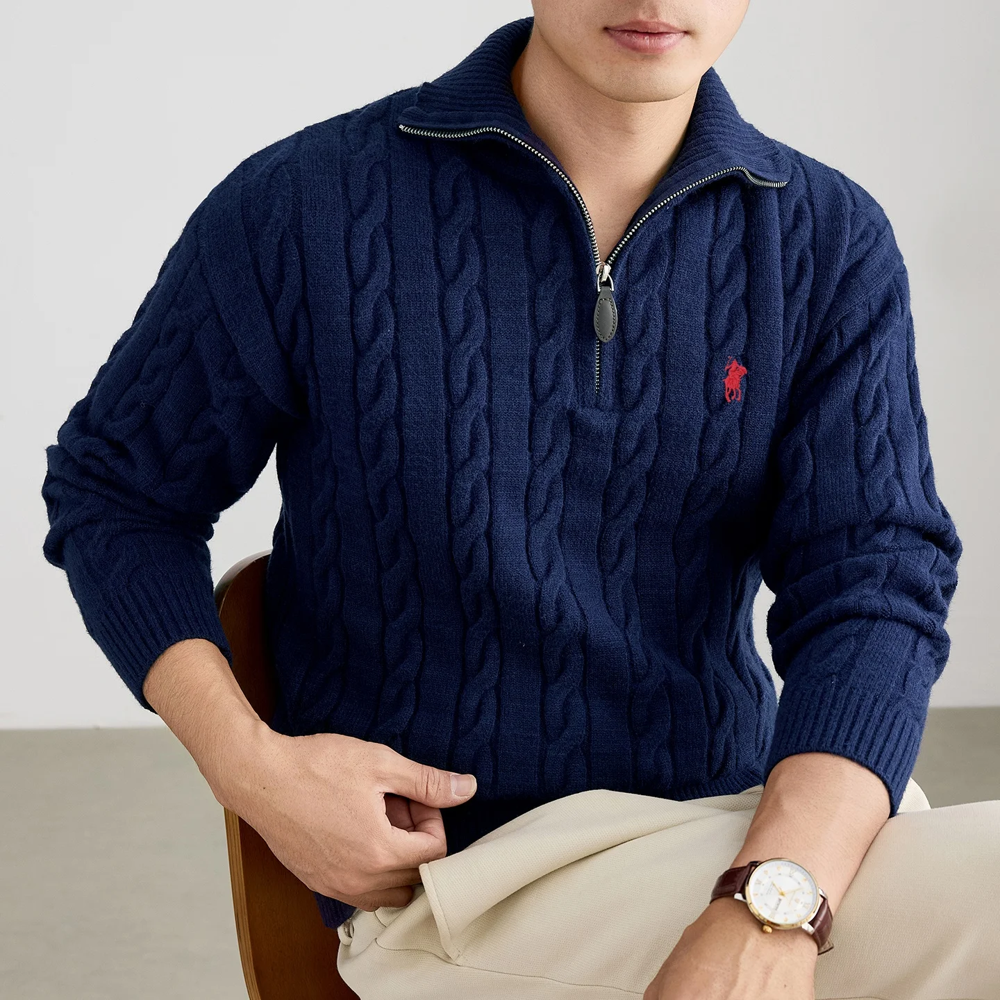 High Quality Retro Zipper Lapel Sweater Men Fashion Luxury Brand Pony Embroidery Winter Thick Warm Casual Paul Knitted Pullover