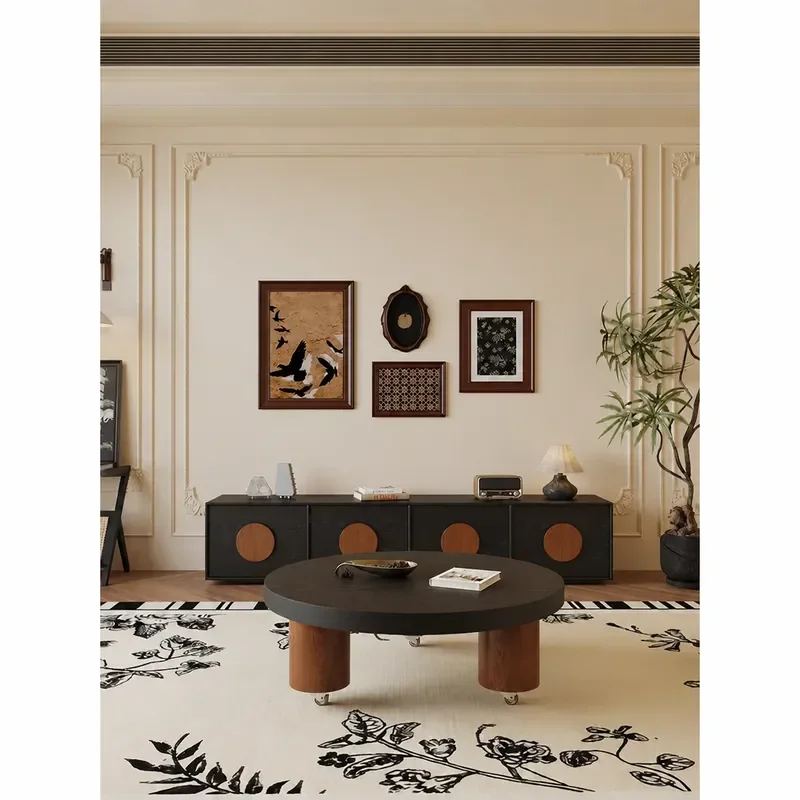 French Retro TV Cabinet and Coffee Table Combo Living Room Medieval Black Solid Wood Floor Storage Unit for Home