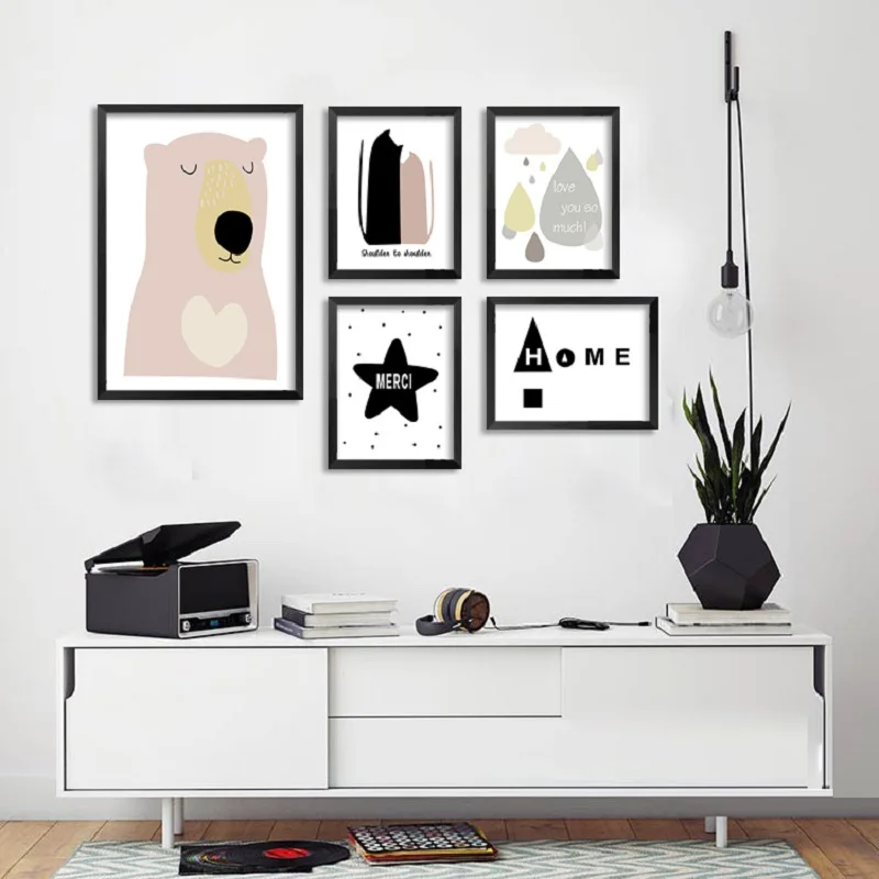 Angel's Art Unframed Minimalist Black Style Cute Star Bear Print Kid's Room Decor Canvas Painting