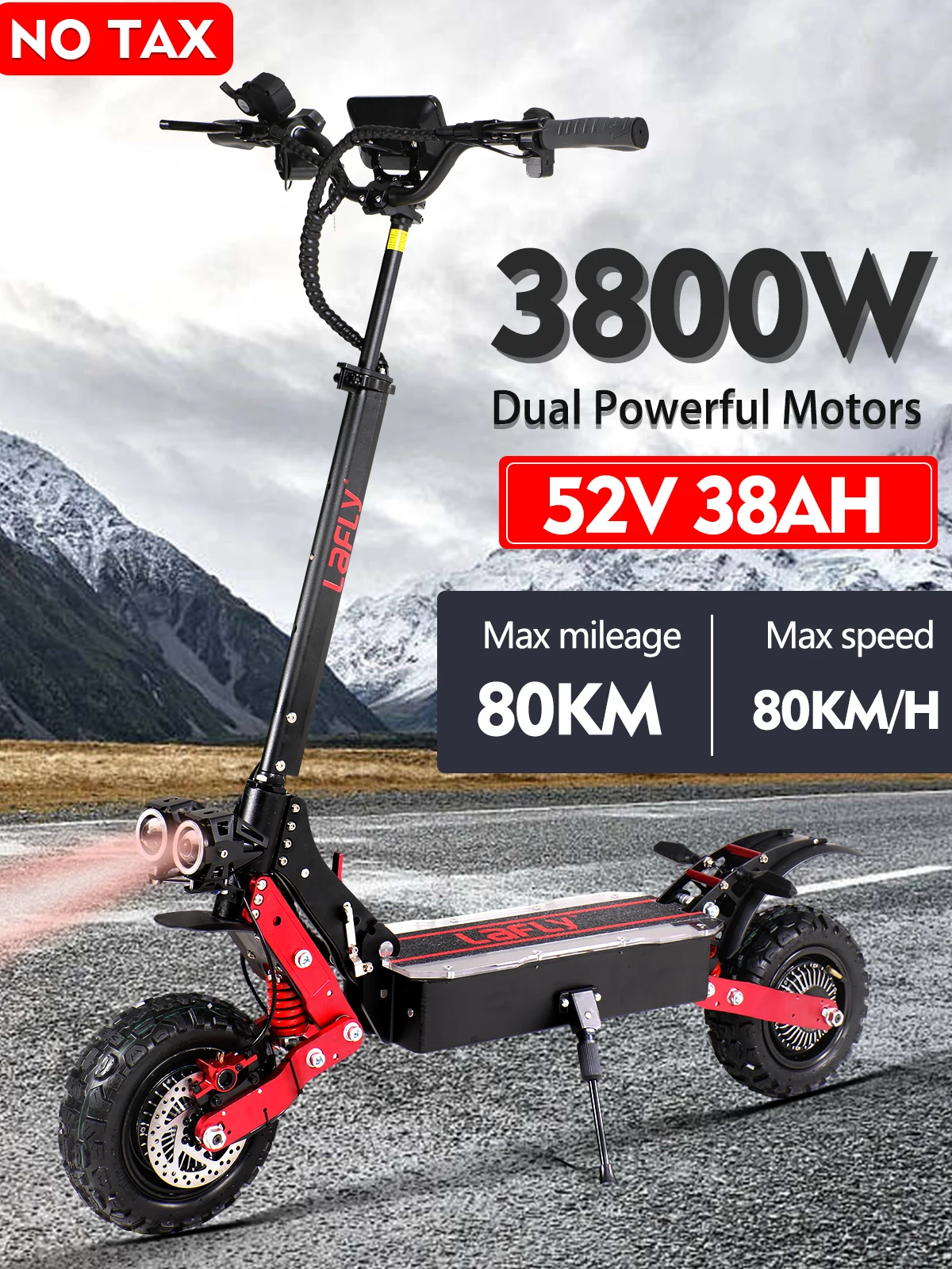 EU Electric Scooter LAFLY RS7 New 3800W 52V 38AH Dual Motor Dual Wheel 11 Inch Max Kilometers 80-100KM Hydraulic Brake Damper