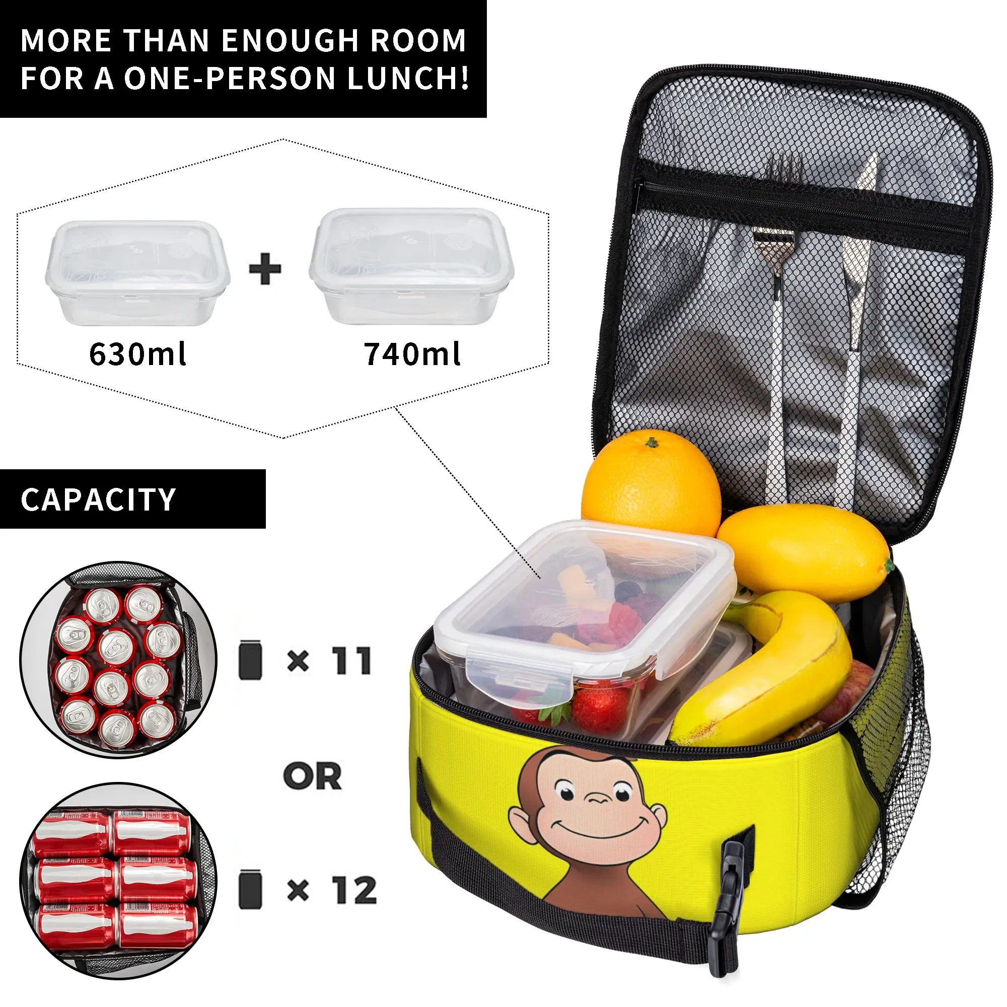 Curious Monkey Georges Cartoon Insulated Lunch Tote Bag School Office TV Series Lightweight Thermal Cooler Washable Bento Bags