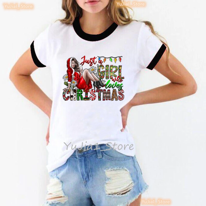 

Just A Girl Who Loves Christmas Graphic Print T Shirt Women'S Clothing Leopard Lattice Tshirt Femme White Short Sleeve T-Shirt