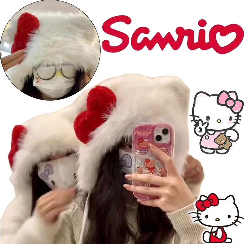 

Sanrio Hello Kitty Adult Plush Bomber Cap Winter Women Keep Warm Windproof Ear Protection Cute Pom-pom Beanie Birthday Gifts