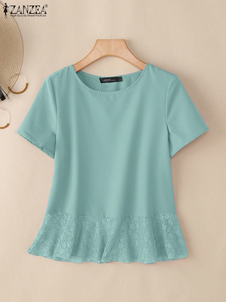ZANZEA الصيف أزياء من الدانتل تول هيم تي شيرت امرأة أنيقة س الرقبة قصيرة الأكمام بلون تيز ملابس يومية غير رسمية التنقل القمم