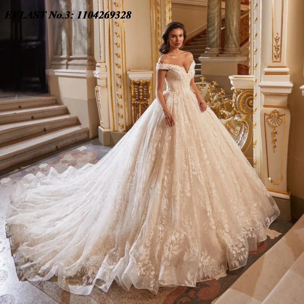 

EVLAST Customized Elegant A Line Wedding Dress Off Shoulder Lace Applique Crystal Beaded Bridal Gown Vestidos De Novia E3WA51