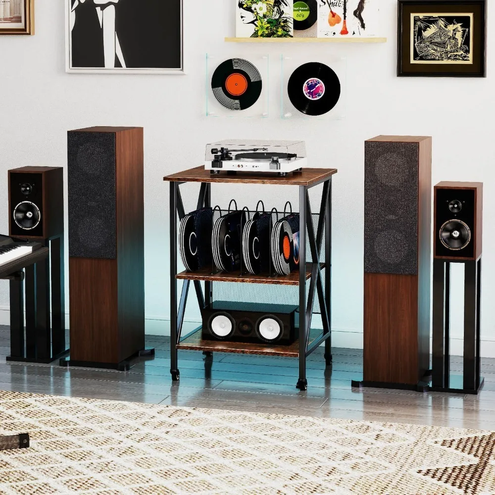 3-laags platenspelerstandaard met metalen verdelers, verstelbare plank en stopcontacten