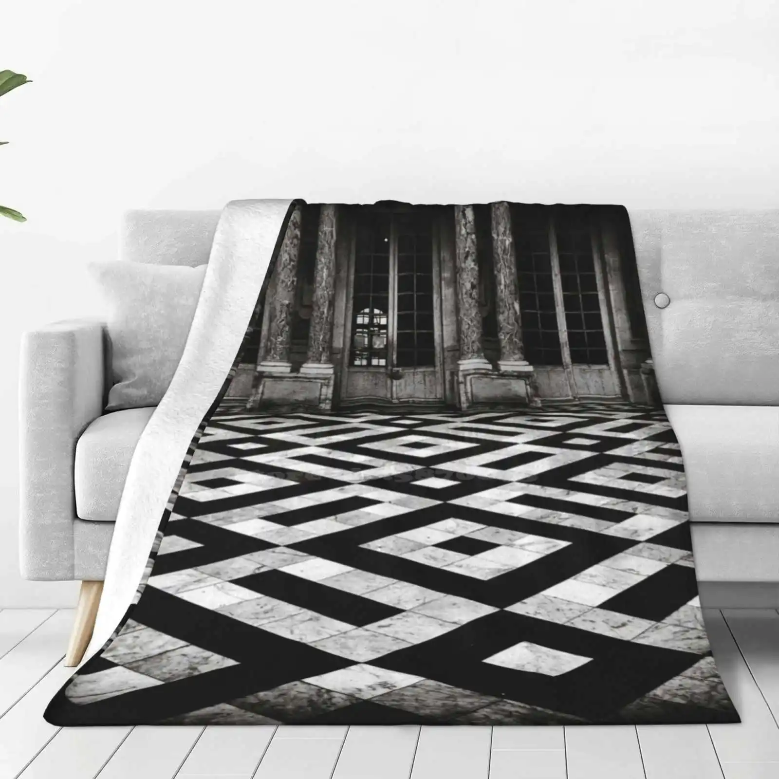 Three Doors New Selling Custom Print Flannel Soft Blanket Square France Versailles Black And White Mono Monochrome Monotone