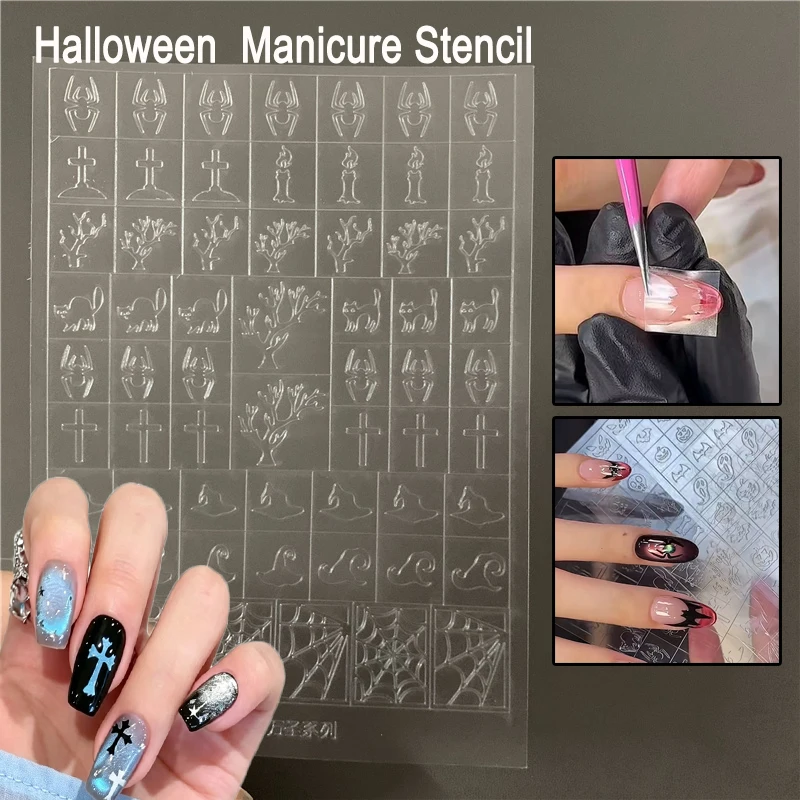 Halloween Nail Art Stencils Manicure Templates DIY Spooky Spider Web Cross Ghost Stickers Decals for Gel Polish Painting
