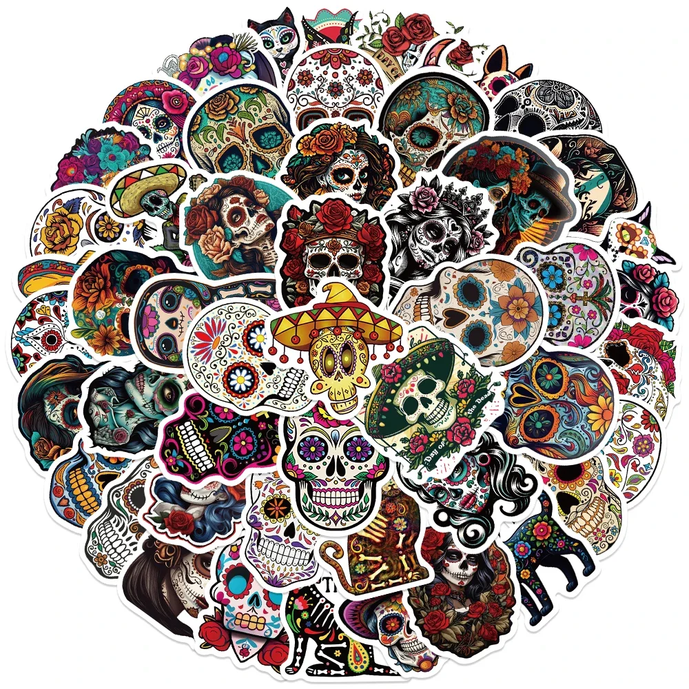 50PCS Mexico Day of the Dead Flower Skull Stickers Day of the Dead DIY Stickers Scrapbooking Phone Luggage Skateboard Waterproof