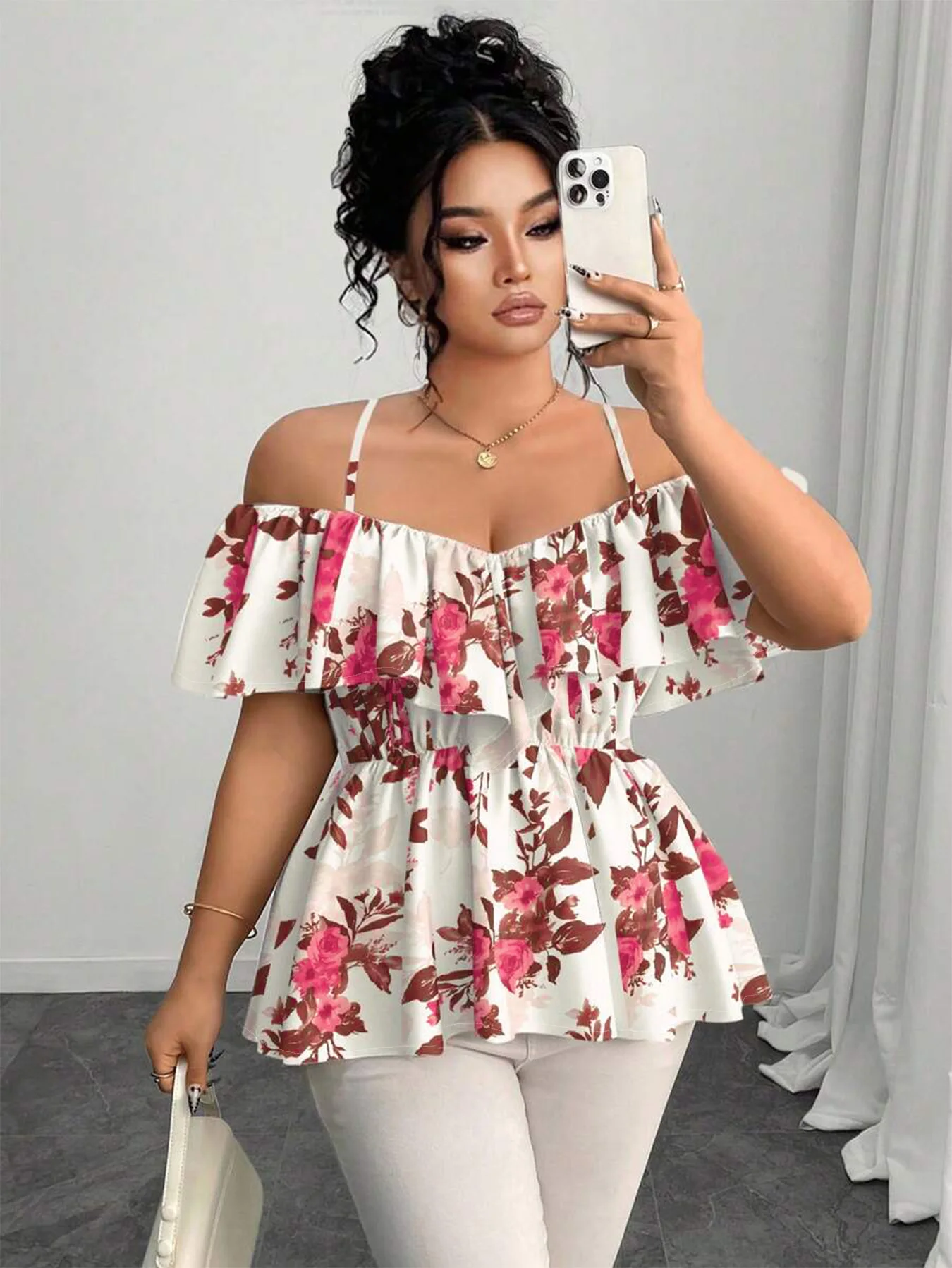 

Женская блузка больших размеров для праздников - с вырезом «сердечко», цветочным узором, без рукавов, с многоярусным подолом, легкая, тканая, для Рамадана