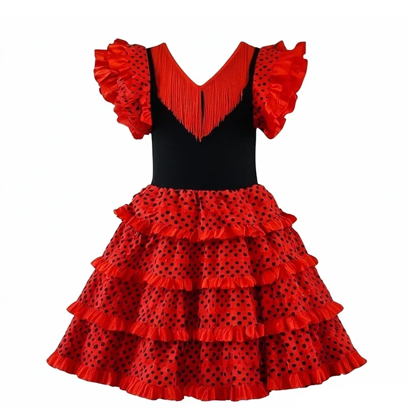 Spanisches Flamenco-Tanzkostüm für Kinder, rotes und schwarzes langes Kleid, Mädchen-Karnevals-Bühnenoutfit für Festival-Cosplay-Party – Detail 11