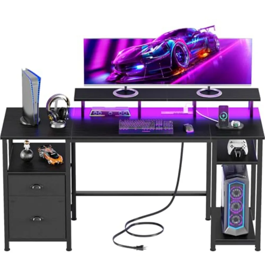 51 Gaming Desk with Power Outlets LED Lights Reversible Computer Desk with File Cabinet Monitor Stand for Home Office Large Wor