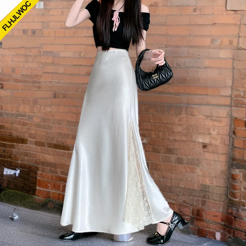 Korean Style Bright Black Lace Mermaid Skirt Perfect for Slimming Shaping Woman Holiday Summer High Waist Sexy Long Maxi Skirts