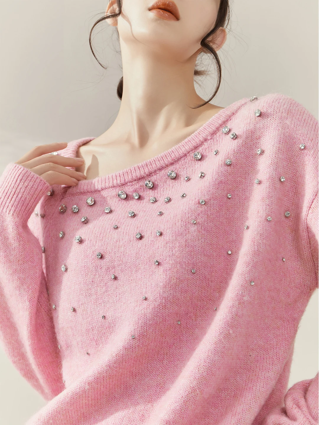 

Розовый вязаный свитер с бисером, женский пуловер Sle Fce, осенний топ, милый свободный крой, длинный све, круглый Ne