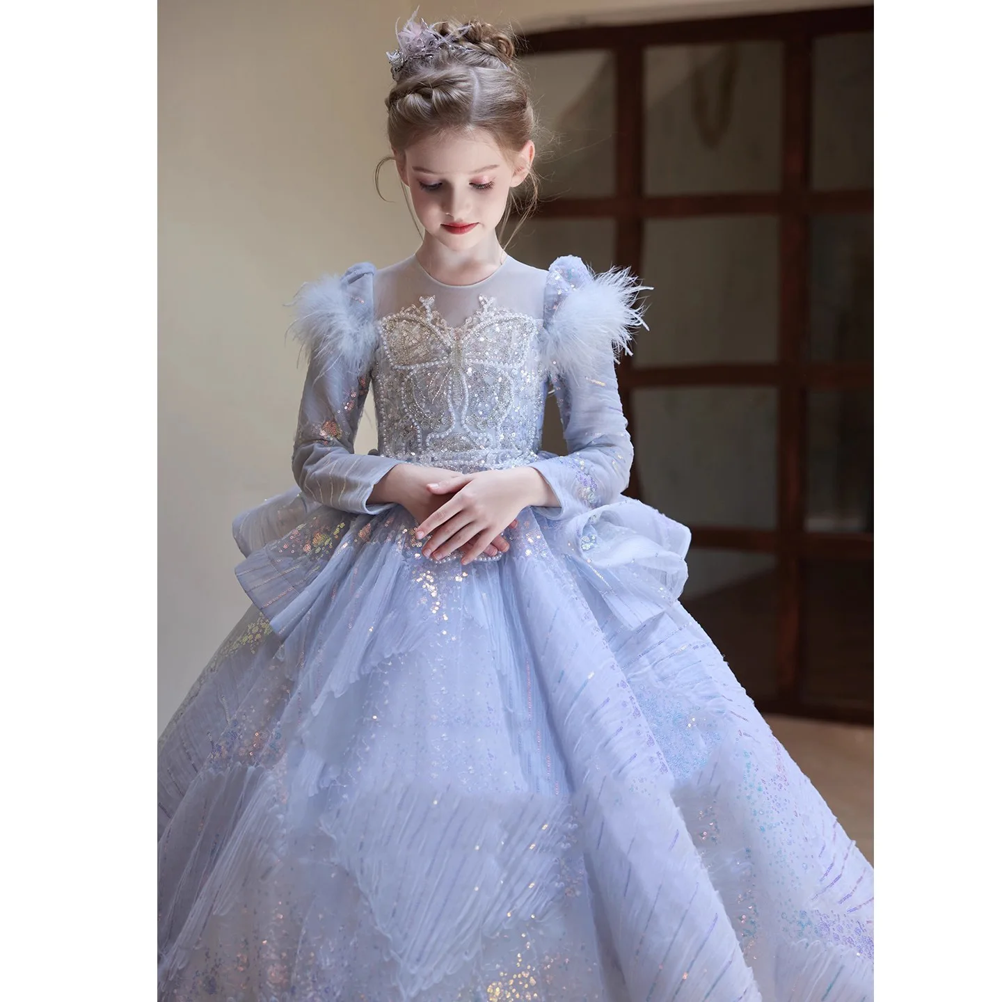 Robe de soirée princesse bleue à manches longues pour filles, en Tulle bouffant, défilé de mode, hôte de spectacle de Piano, spectacle formel