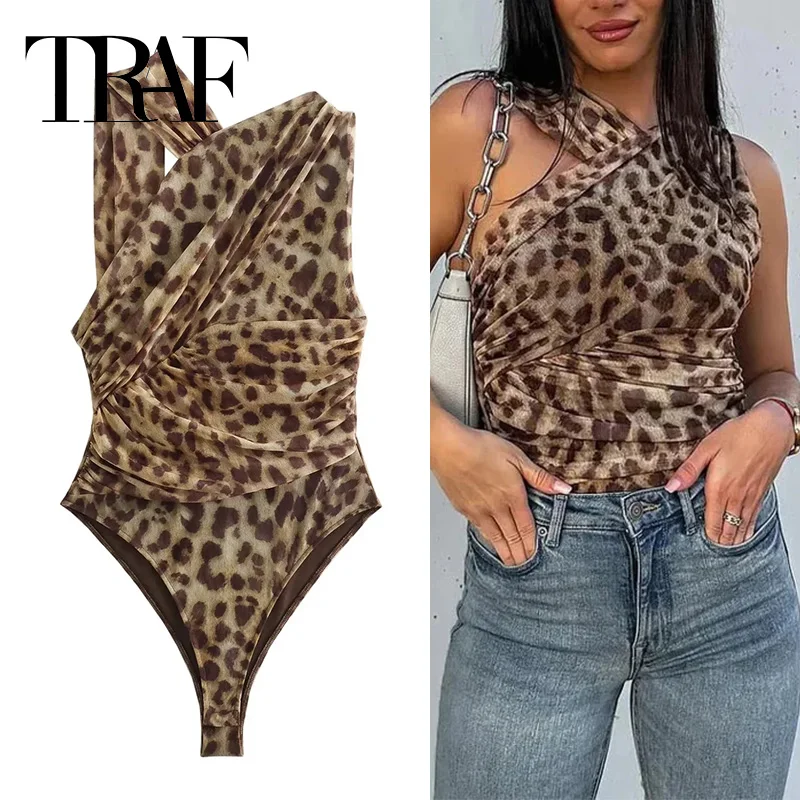 TRAF 2024 Leopard Print Mesh Bodysuit Women Off Shoulder Tulle Sexy Woman Bodys Sleeveless Tight Bodysuit Lingerie Summer Tops