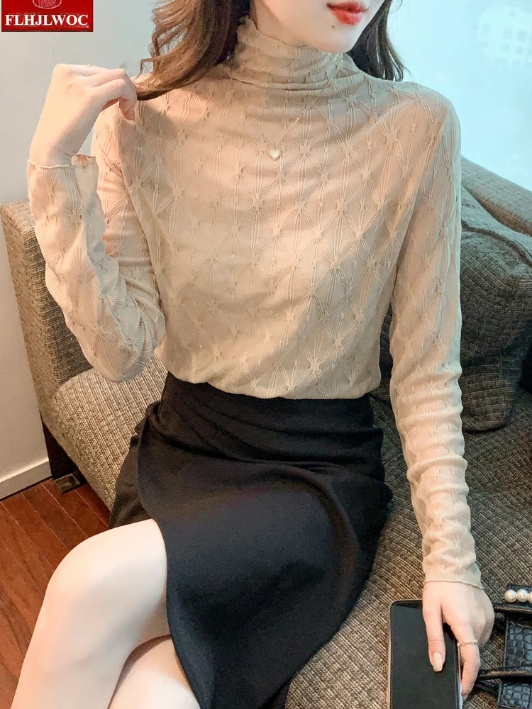الشتاء الدافئة أساسيات قميص الياقة المدورة قمم البلوزات جديد أزياء المرأة الفرنسية تصميم شيك كوريا نمط كم طويل المخملية داخل أعلى