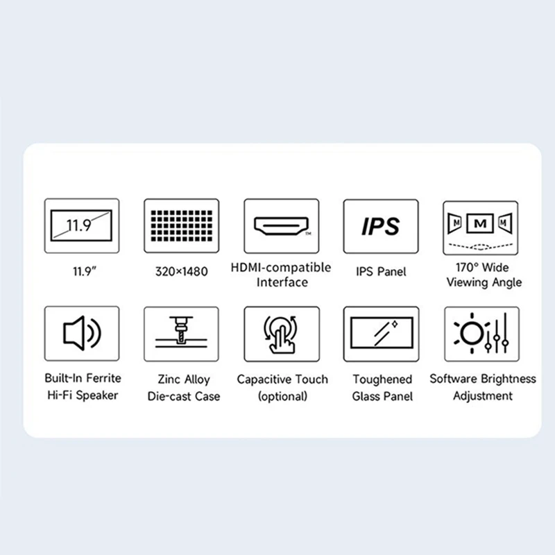 11.9Inch IPS Capacitor Screen HD Display 320X1480 Hi-Fi Speaker Computer Auxiliary Screen For Raspberry Pi, No Touch Easy To Use