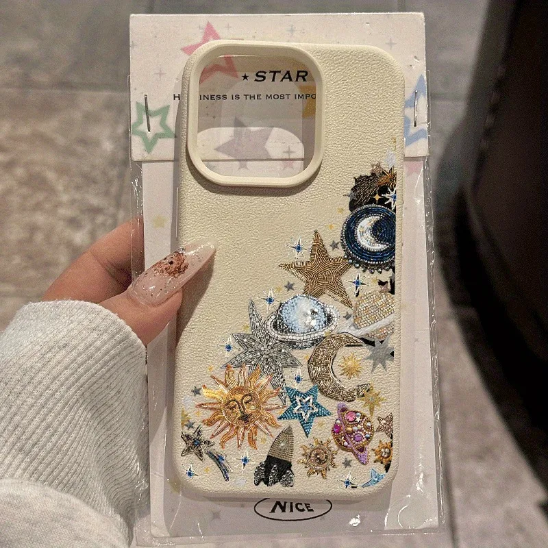 

New Fashion Space Element Pattern Lychee Texture TPU Phone Case for iPhone 17 16 15 14 13 12 11 Pro Max XS XR 7 8 Plus 17 Cover