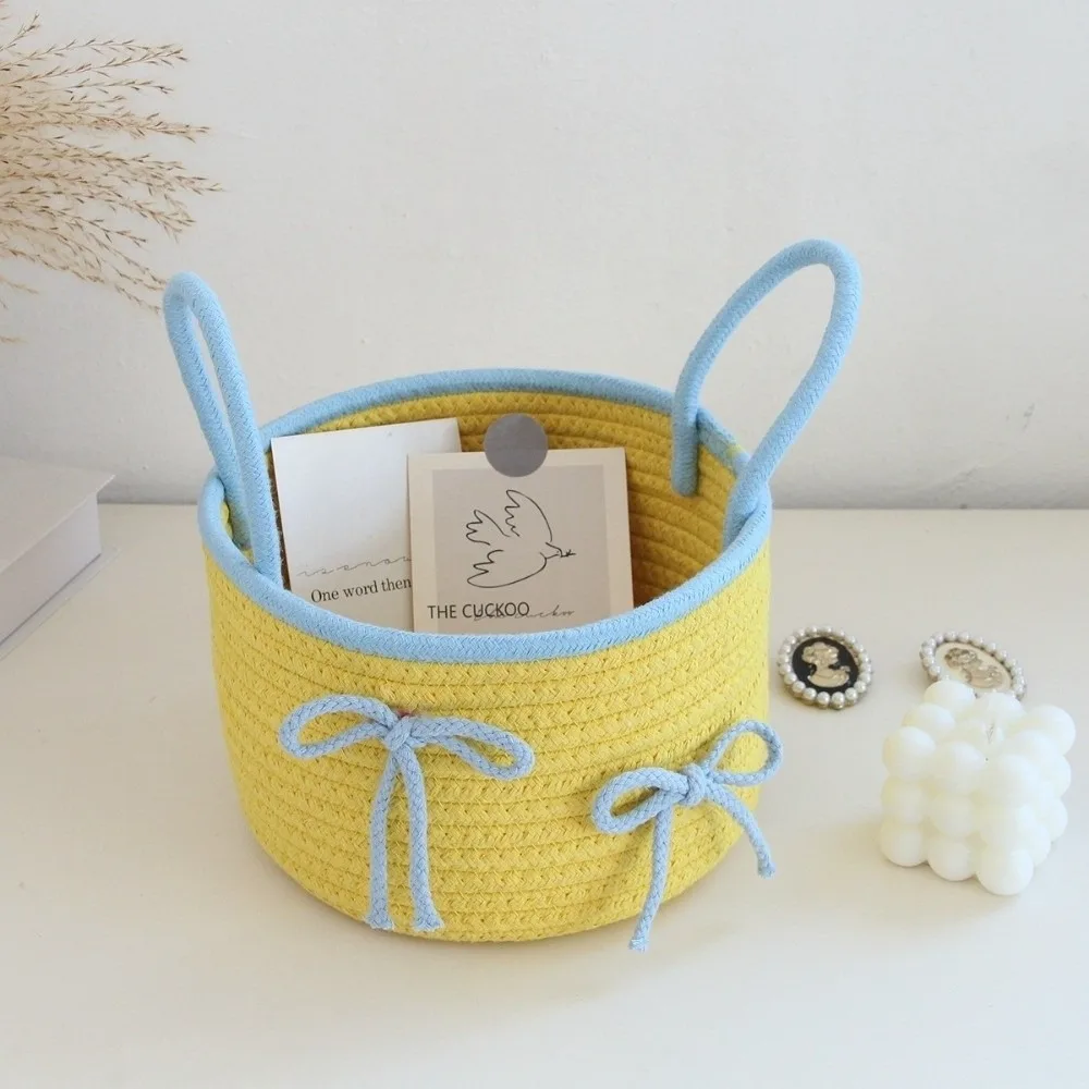 

Cute with Lid Crochet Storage Basket Woven Cotton Bowknot Home Organizer Bin Solid Dustproof Box