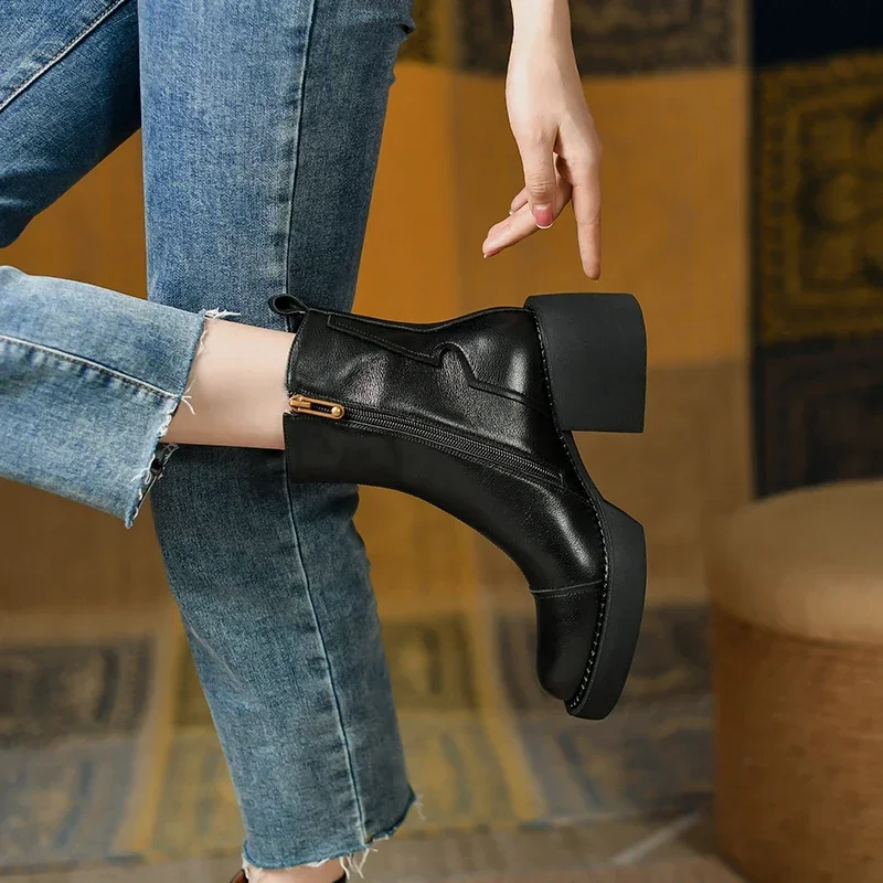 2024 Winter Women Shoes Genuine Leather Platform Chunky Retro Boots Women Solid Women Shoes High Heel Boots Black Modern Shoes