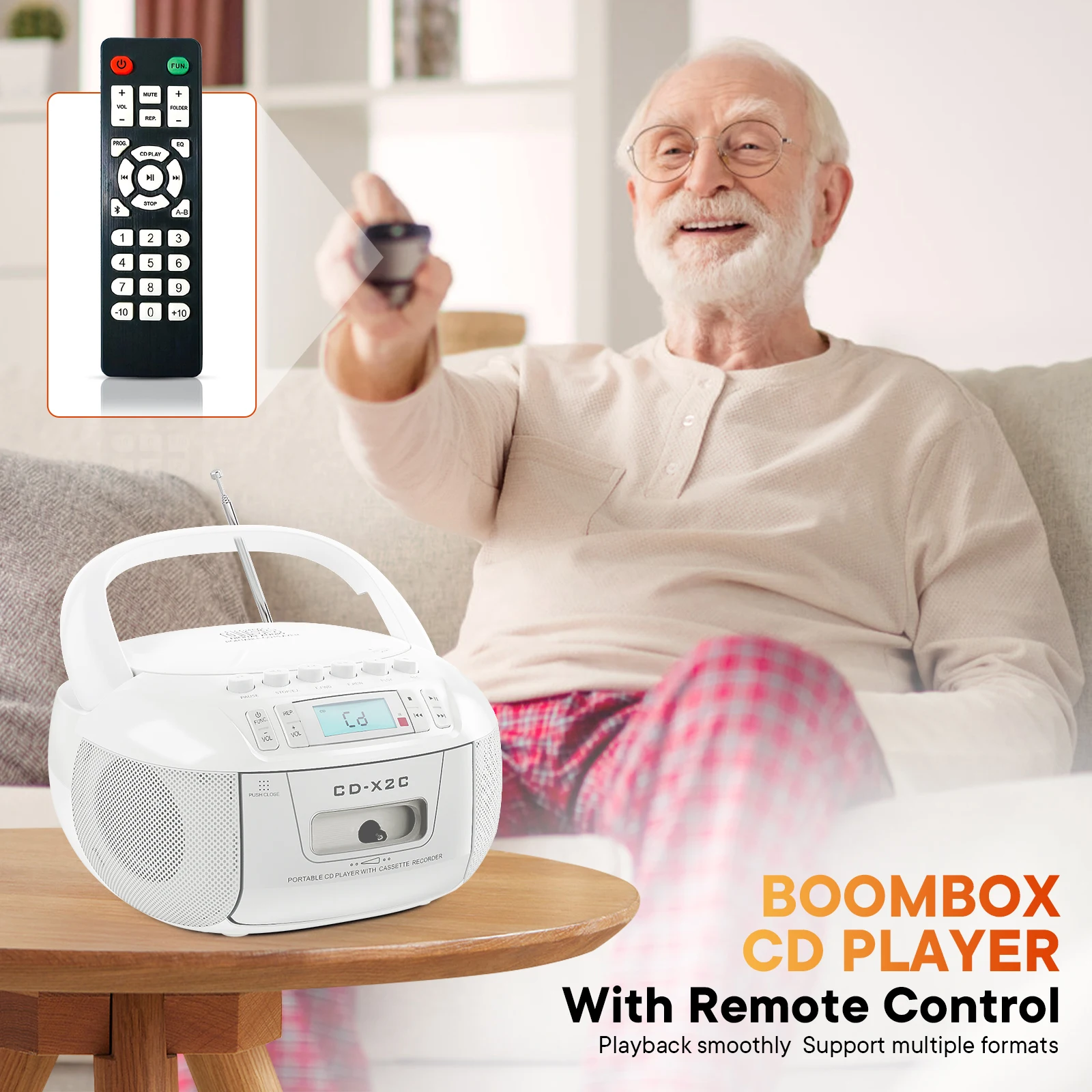 Portable CD player with cassette recorder Bluetooth CD cassette boombox with AM FM radio and remote USB MP3 playable