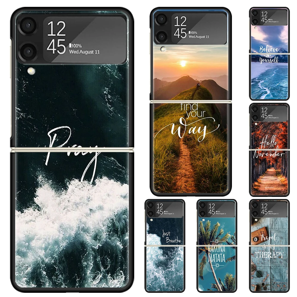 Travel Mountain Beach Proverb Hard PC Phone Case For Samsung Galaxy Z Flip 6 5 4 3 Black Cover ZFlip6 Flip5 Flip4 5G Foldable Pr