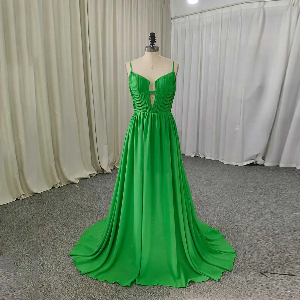 

Customized Simple Silk-Like es Floor Length V-Neck Pleated A-Line Graduation Gowns Hollow Out Spaghetti Strap Evening Dress