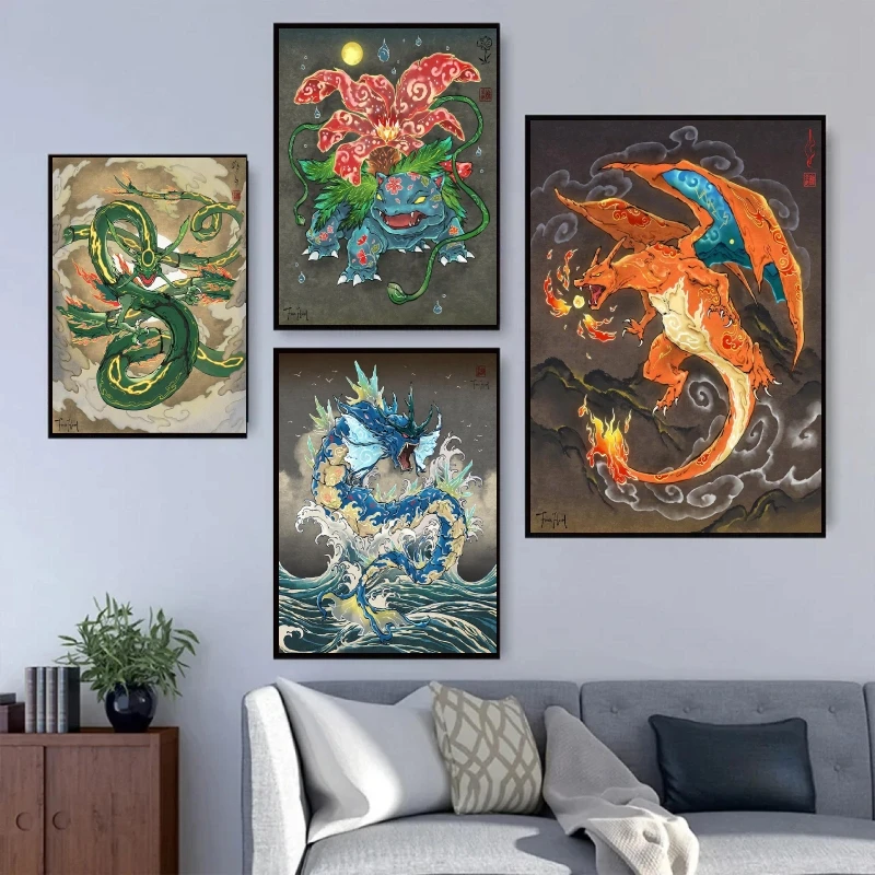 

Pokemon Cartoon Poster Retro Bulbasaur Charizard Anime Action Figures Canvas Painting Wall Decoration Poster Kids Decorate