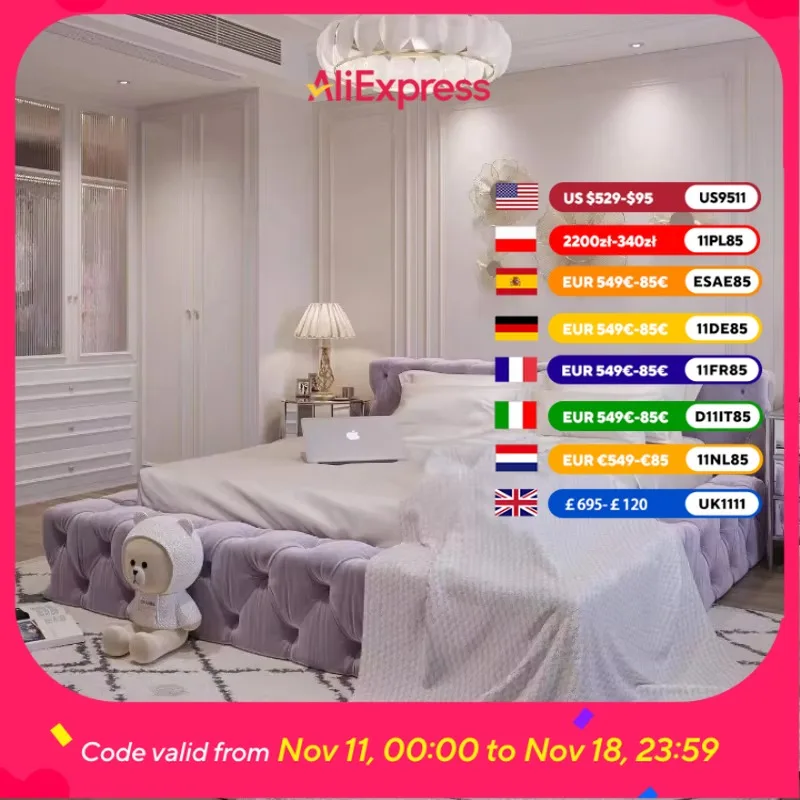 

Queen Luxury Velvet Bed Bedroom Designer Fabric Big Modern Adults Double Beds Loft Floor Princesse Cama De Casal Furniture Home