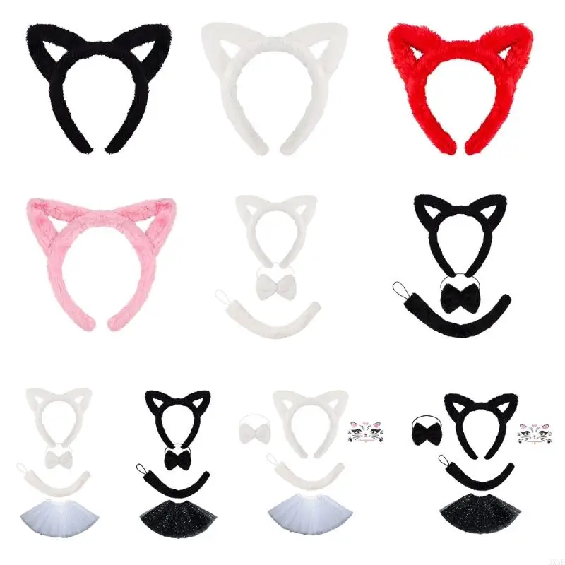 

DXAE Cats Ears Headband Plush Tail Bows Tie Cats Face Sticker Lovely Cats Costume Set for Birthday Halloween Cosplay Party