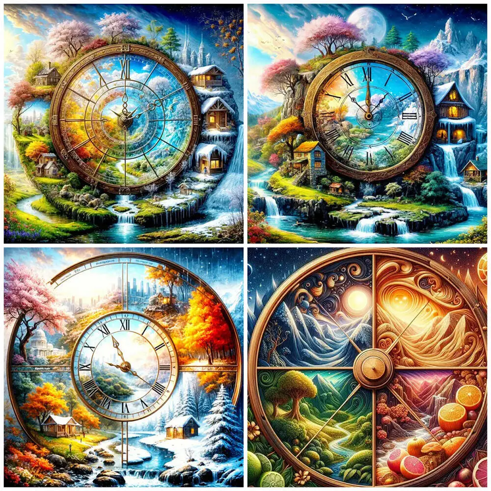 EverShine Diamant Stickerei Uhr Diamant Malerei Vier Jahreszeiten Landschaft DIY 5D Voll Platz Runde Bohrer Mosaik Set Wohnkultur