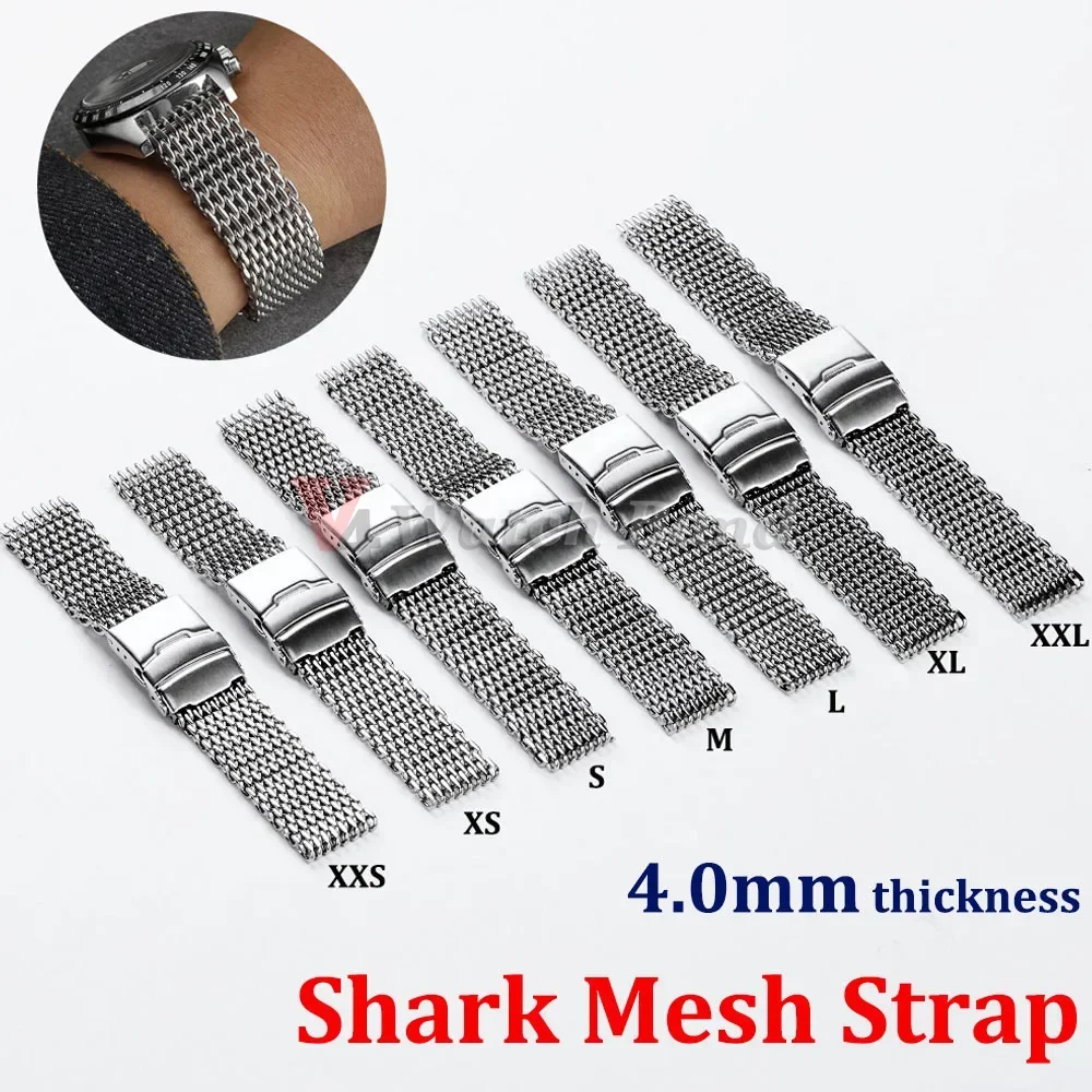 4.0mm Mesh Shark Adjustable Bracelet Diving Milanese Luxury Strap Replacement Solid Stainless Steel Watchband