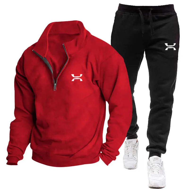 2024 Men's Tracksuit Autumn winter new Men's Clothing Fleece Lining Stand Collar Hoodie + Sweatpants 2 Set Of Casual Sportswear