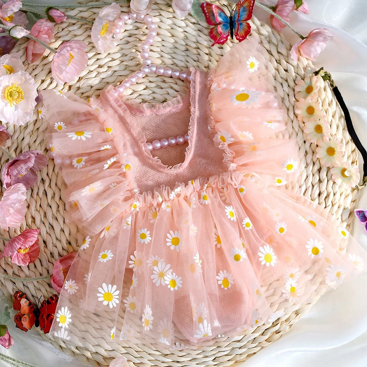 Ylsteed Newborn Girl Photoshoot Outfits Baby Girl Mesh Dress Romper with Headband One Hundred Days Infant Picture Outfits Props