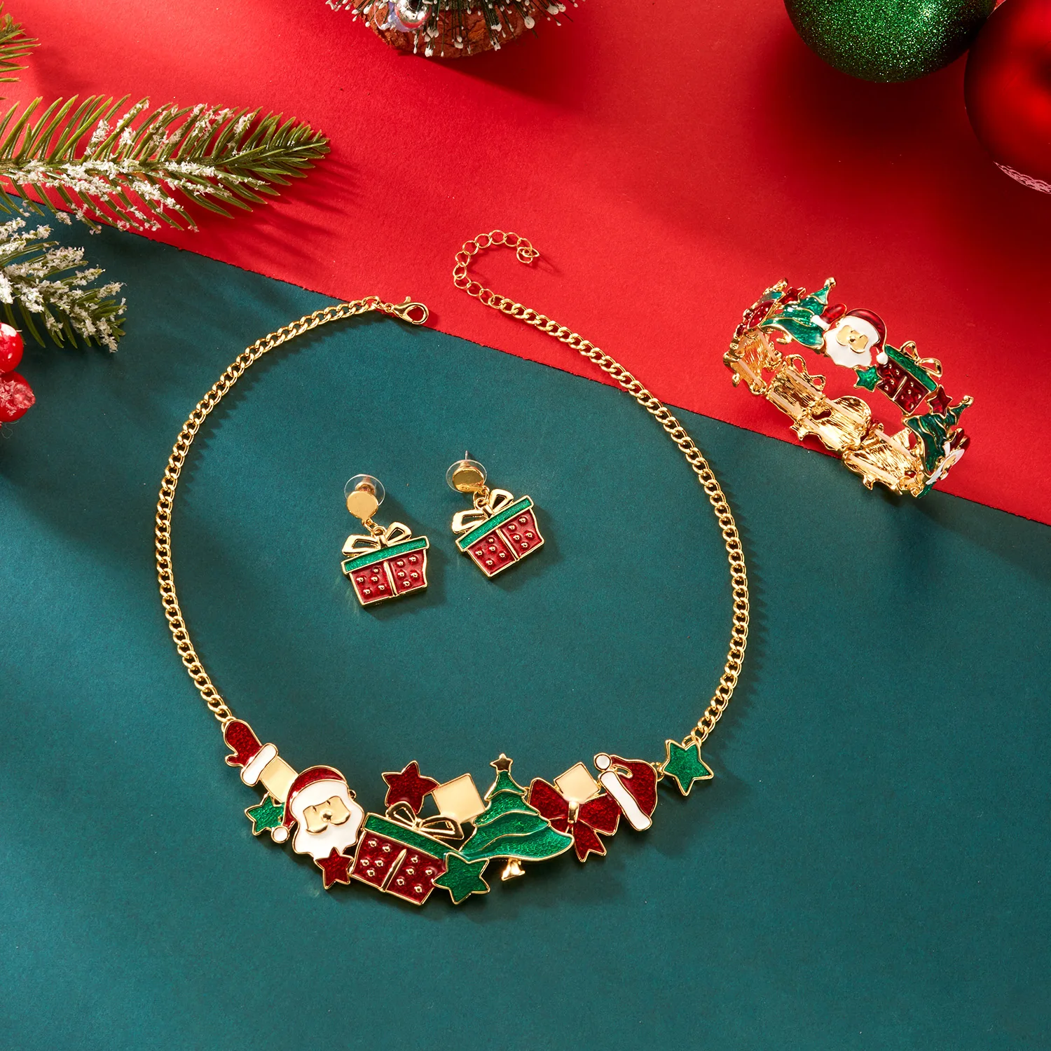 Weihnachts-Metall-Ohrringe, Armband, Halsketten-Set für Frauen, mit Tropfen-Öl-Motiven, Weihnachtsmann, Weihnachtsbaum, Schleife, Hut, Choker, Schmuckdekoration – Detail 4