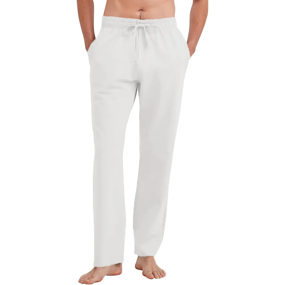 Men's Cotton Linen Straight Leg Pants Lightweight Breathable Casual Solid Color Simple Style Long Pants Elastic Waist Trousers