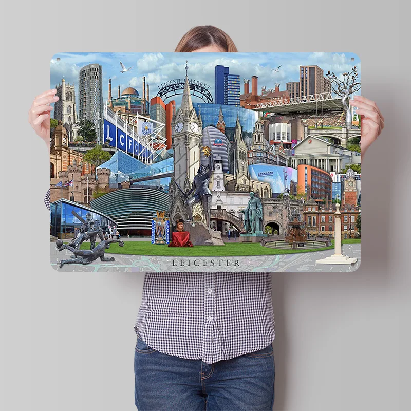 Póster con Textura Impresa en 3D del Horizonte de Leicester, Arte de Pared Personalizado, Letreros Metálicos Retro para Decoración de Salas de Juego, Artículos para el Hogar