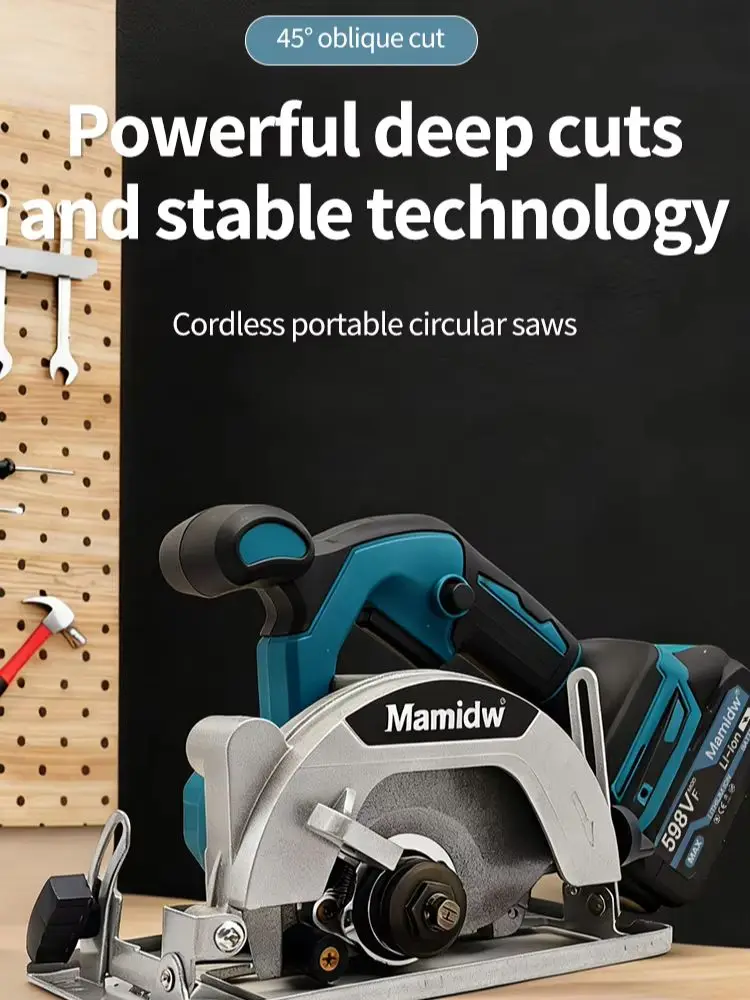 Piła tarczowa akumulatorowa Mamidw, średnica 60 mm, głębokość cięcia 45 mm. ° Akumulatorowa, elektryczna piła tarczowa z ostrzem skośnym, 9500 obr./min, do cięcia drewna, remontu mebli i prac — 2