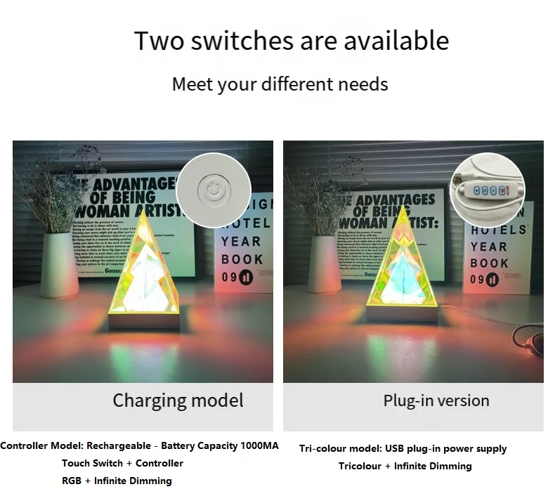 LED 3D Pyramid Cube Night Light RGB Dimmable Ambient Light Rechargeable Bedroom Bedside Decorative Table Lamp Birthday Gift