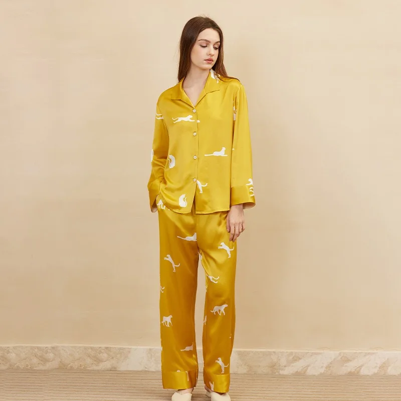 

Женские пижамы из 100% тутового шелка, осенние шелковые пижамы из двух частей с длинными рукавами для женщин