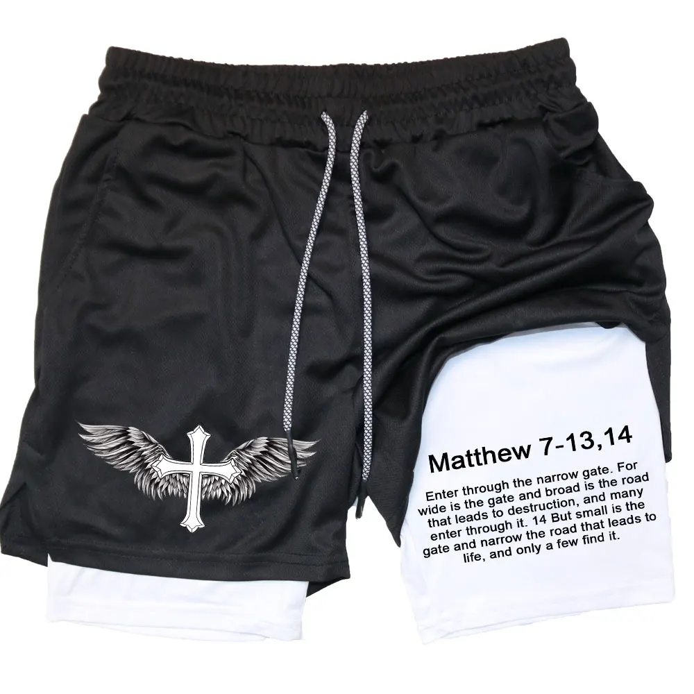 

Fashion Men Performance Shorts Bible Printed GYM Casual Sports Compression Shorts Workout Running 2 in 1 Sport Short Pants Moto