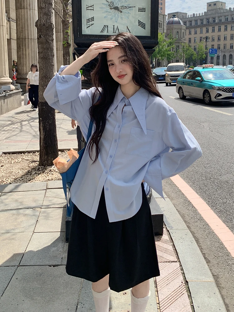 

Синяя женская блузка с длинным рукавом, весенняя новинка, модный свободный топ, однотонная рубашка на пуговицах