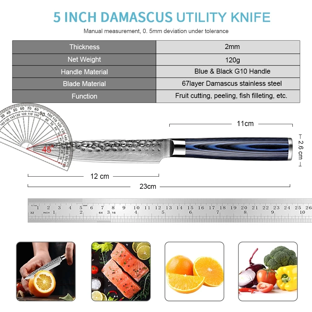 XITUO Kitchen 5 Inch Utility Knife Damascus Steel Sharp, Kitchen Small Knife For Slicing Chopping Non-stick Blade & Anti-rusting