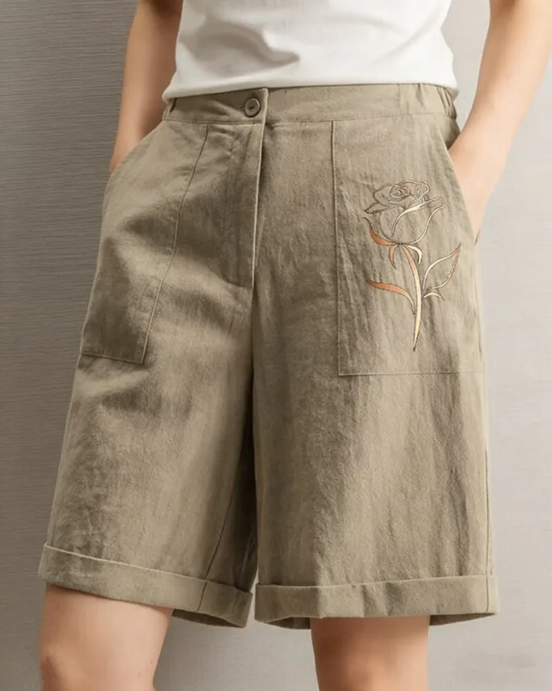 Shorts de Cintura Alta para Mujer, de Algodón y Lino, con Estampado de Rosas Doradas, Casuales, de Pierna Ancha, Estilo Bermuda, Holgados, para Verano, Cómodos, Estilo Urbano