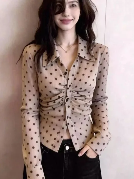 

Elegant Slimming Polka Dot Long Sleeve Shirt Women's Spring 2026 Fashion Fold Collar Gathered Waist Korean Style Top
