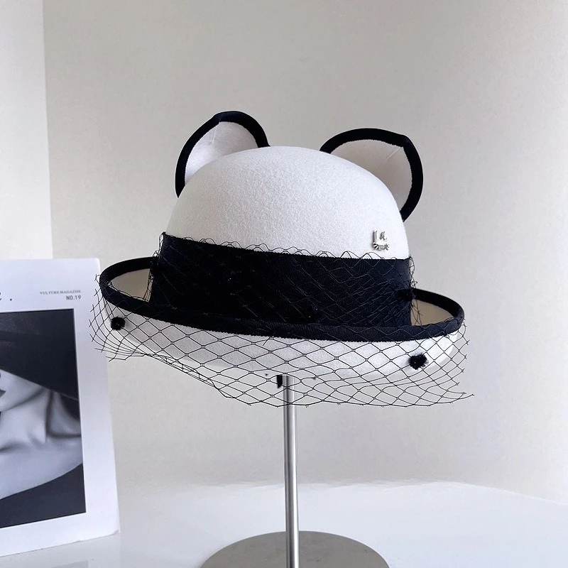 آذان قطة لطيفة براقة مع حواف مزركشة قبعة قماش شبكية من الصوف الأسترالي قبعة دلو عتيقة نمط فريد قبعة صياد عصرية #1