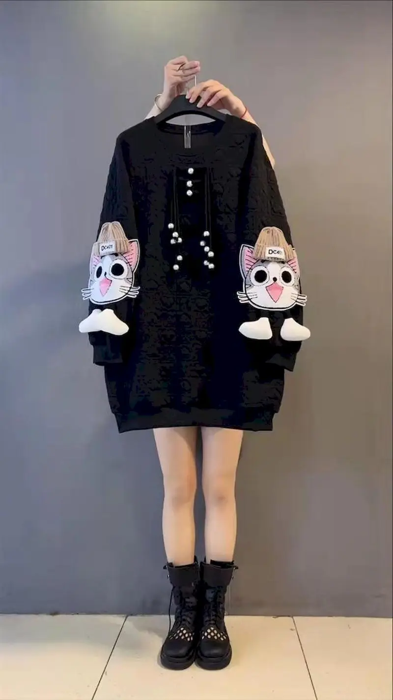 Oversized Pullovers Women Autumn Winter Trendy Mid-length Pullover Fashion Three-dimensional Decoration Cartoon Cute Tops Woman